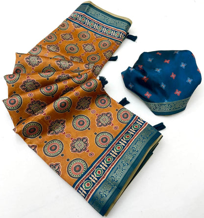 Seraphic Mustard Ajrakh Printed Soft Silk Saree With Scrupulous Blouse Piece