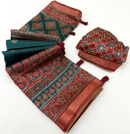 Embellished Rama Ajrakh Printed Soft Silk Saree With Sizzling Blouse Piece