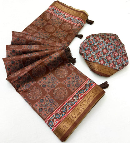 Comely Brown Ajrakh Printed Soft Silk Saree With Mellifluous Blouse Piece