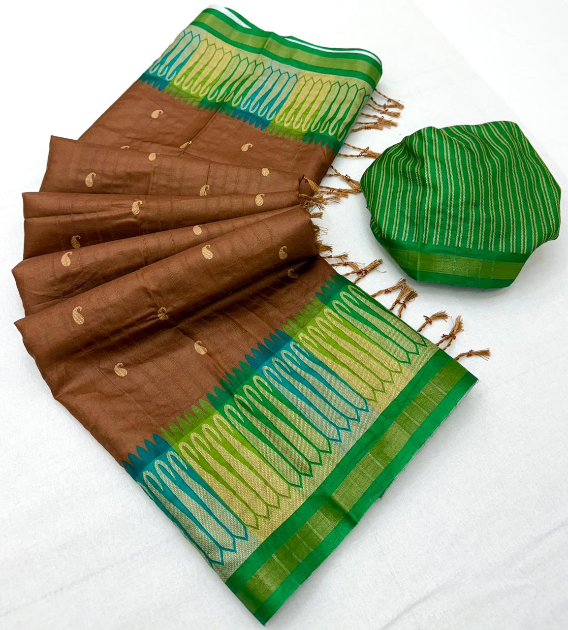 Energetic Brown Pure Zari Weaving Banarasi Tussar Silk Saree With Seraglio Blouse Piece