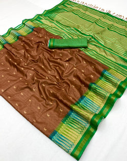 Energetic Brown Pure Zari Weaving Banarasi Tussar Silk Saree With Seraglio Blouse Piece