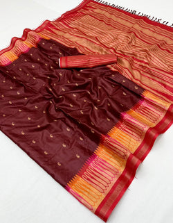 Zephyr Maroon Pure Zari Weaving Banarasi Tussar Silk Saree With Entrancing Blouse Piece