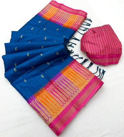 Pleasurable Navy Blue Pure Zari Weaving Banarasi Tussar Silk Saree With Lassitude Blouse Piece