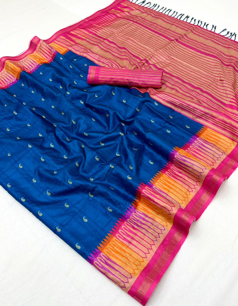 Pleasurable Navy Blue Pure Zari Weaving Banarasi Tussar Silk Saree With Lassitude Blouse Piece