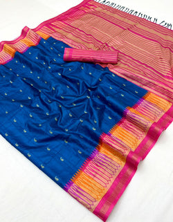 Pleasurable Navy Blue Pure Zari Weaving Banarasi Tussar Silk Saree With Lassitude Blouse Piece