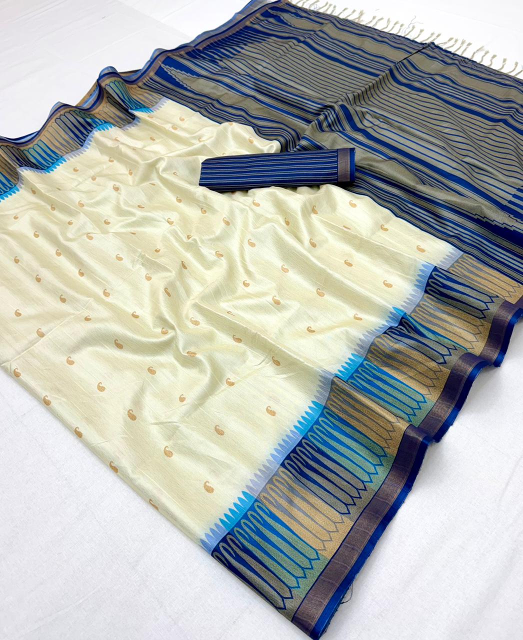 Snazzy Off White Pure Zari Weaving Banarasi Tussar Silk Saree With Traditional Blouse Piece