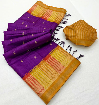 Epiphany Purple Pure Zari Weaving Banarasi Tussar Silk Saree With Imaginative Blouse Piece