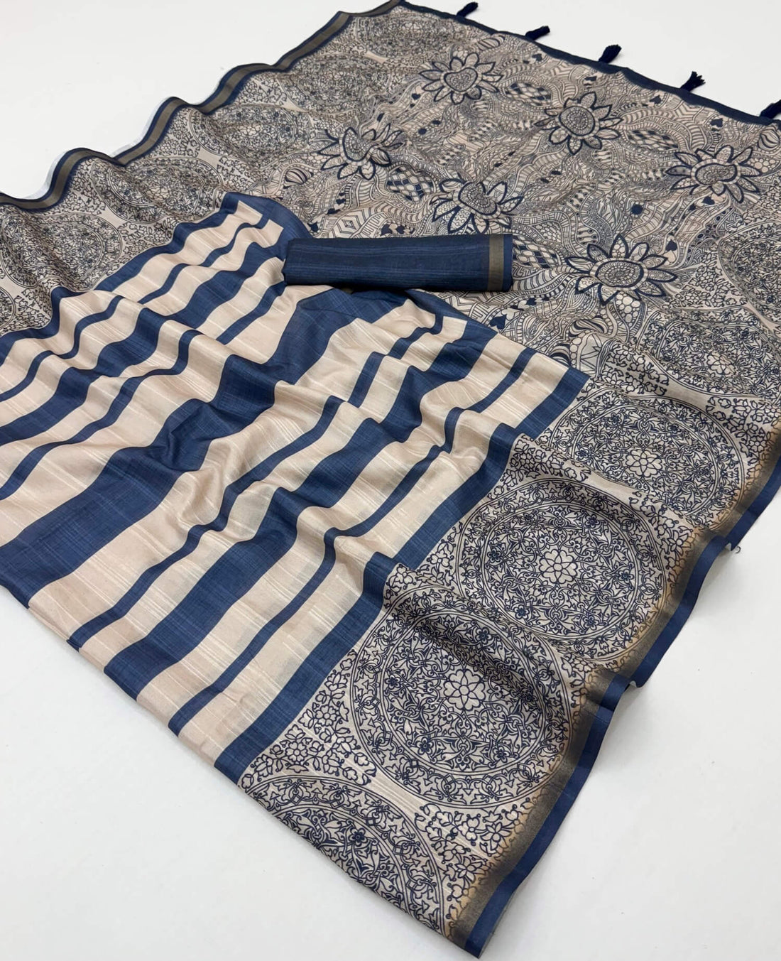 Adorable Navy Blue Printed Cotton Silk Saree With Ailurophile Blouse Piece