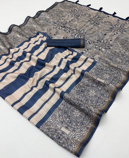 Adorable Navy Blue Printed Cotton Silk Saree With Ailurophile Blouse Piece