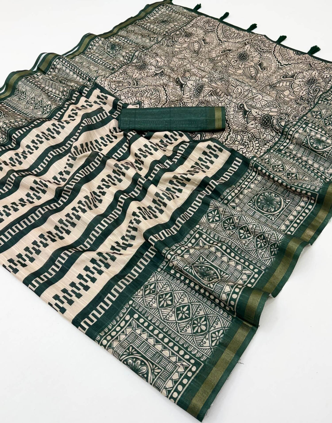 Excellent Dark Green Printed Cotton Silk Saree With Quintessential Blouse Piece