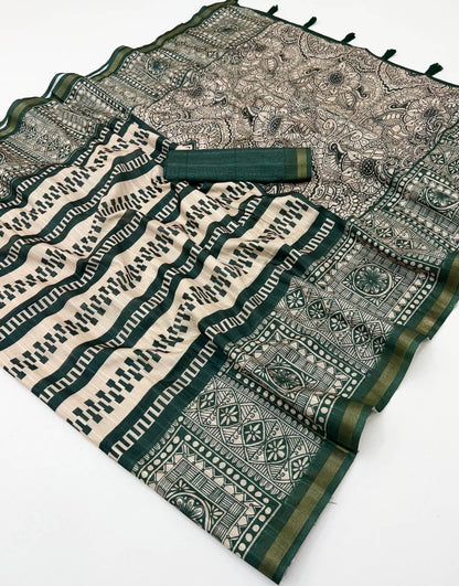Excellent Dark Green Printed Cotton Silk Saree With Quintessential Blouse Piece
