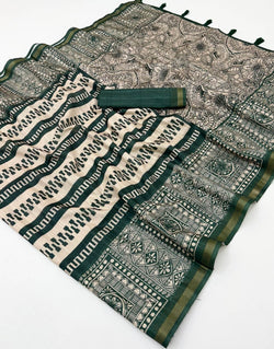 Excellent Dark Green Printed Cotton Silk Saree With Quintessential Blouse Piece