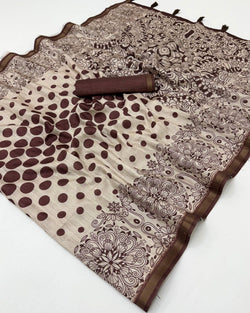 Eloquence Brown Printed Cotton Silk Saree With Majesty Blouse Piece
