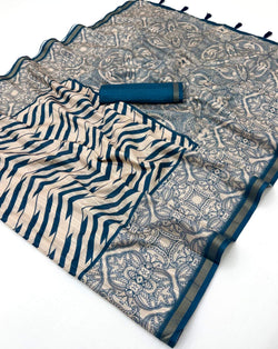 Lassitude Blue Printed Cotton Silk Saree With Radiant Blouse Piece