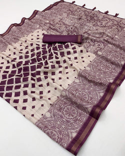 Classic Wine Printed Cotton Silk Saree With Arresting Blouse Piece