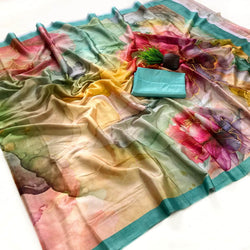 Jubilant Multicolor Digital Printed Satin Silk Saree With Sumptuous Blouse Piece