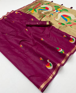 Zephyr Wine Pure Munga Cotton Silk Saree With Seraglio Blouse Piece
