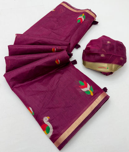 Zephyr Wine Pure Munga Cotton Silk Saree With Seraglio Blouse Piece