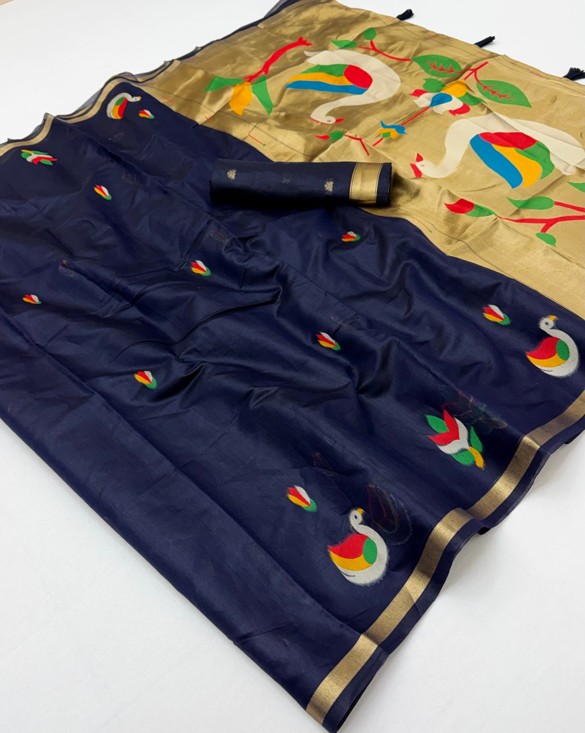Diaphanous Navy Blue Pure Munga Cotton Silk Saree With Prodigal Blouse Piece