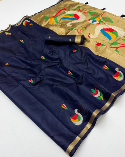 Diaphanous Navy Blue Pure Munga Cotton Silk Saree With Prodigal Blouse Piece