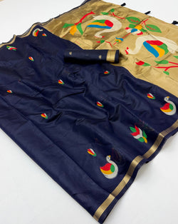 Diaphanous Navy Blue Pure Munga Cotton Silk Saree With Prodigal Blouse Piece