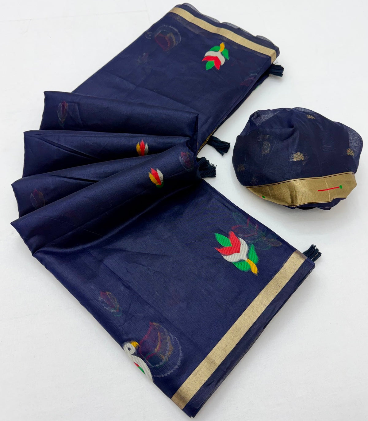 Diaphanous Navy Blue Pure Munga Cotton Silk Saree With Prodigal Blouse Piece