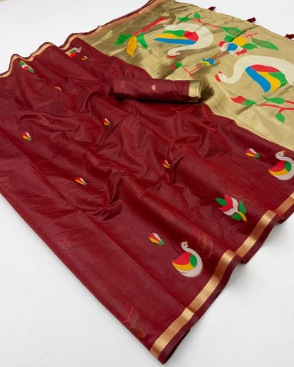 Fantabulous Maroon Pure Munga Cotton Silk Saree With Gorgeous Blouse Piece