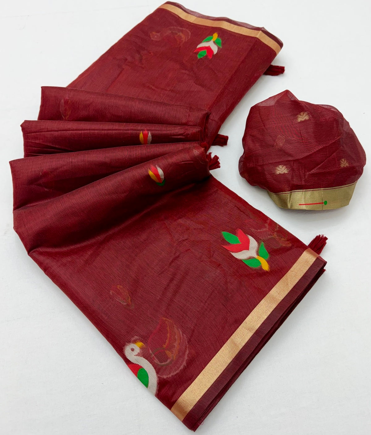 Fantabulous Maroon Pure Munga Cotton Silk Saree With Gorgeous Blouse Piece