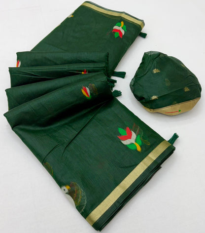 Evocative Dark Green Pure Munga Cotton Silk Saree With Appealing Blouse Piece