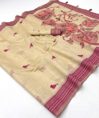 Comely Beige Pure Munga Cotton Silk Saree With Exuberant Blouse Piece