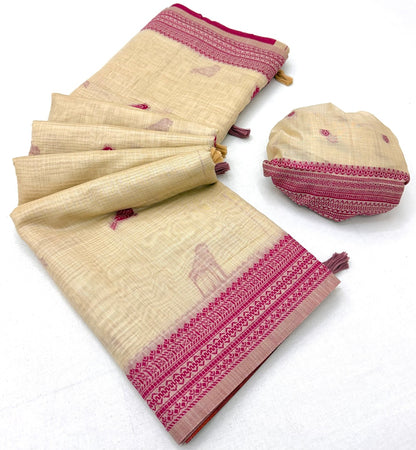 Comely Beige Pure Munga Cotton Silk Saree With Exuberant Blouse Piece