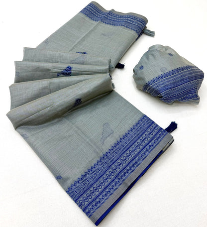 Enticing Grey Pure Munga Cotton Silk Saree With Capricious Blouse Piece