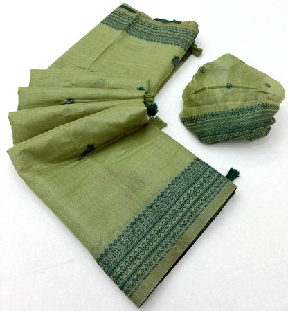 Grandiose Green Pure Munga Cotton Silk Saree With Desiring Blouse Piece