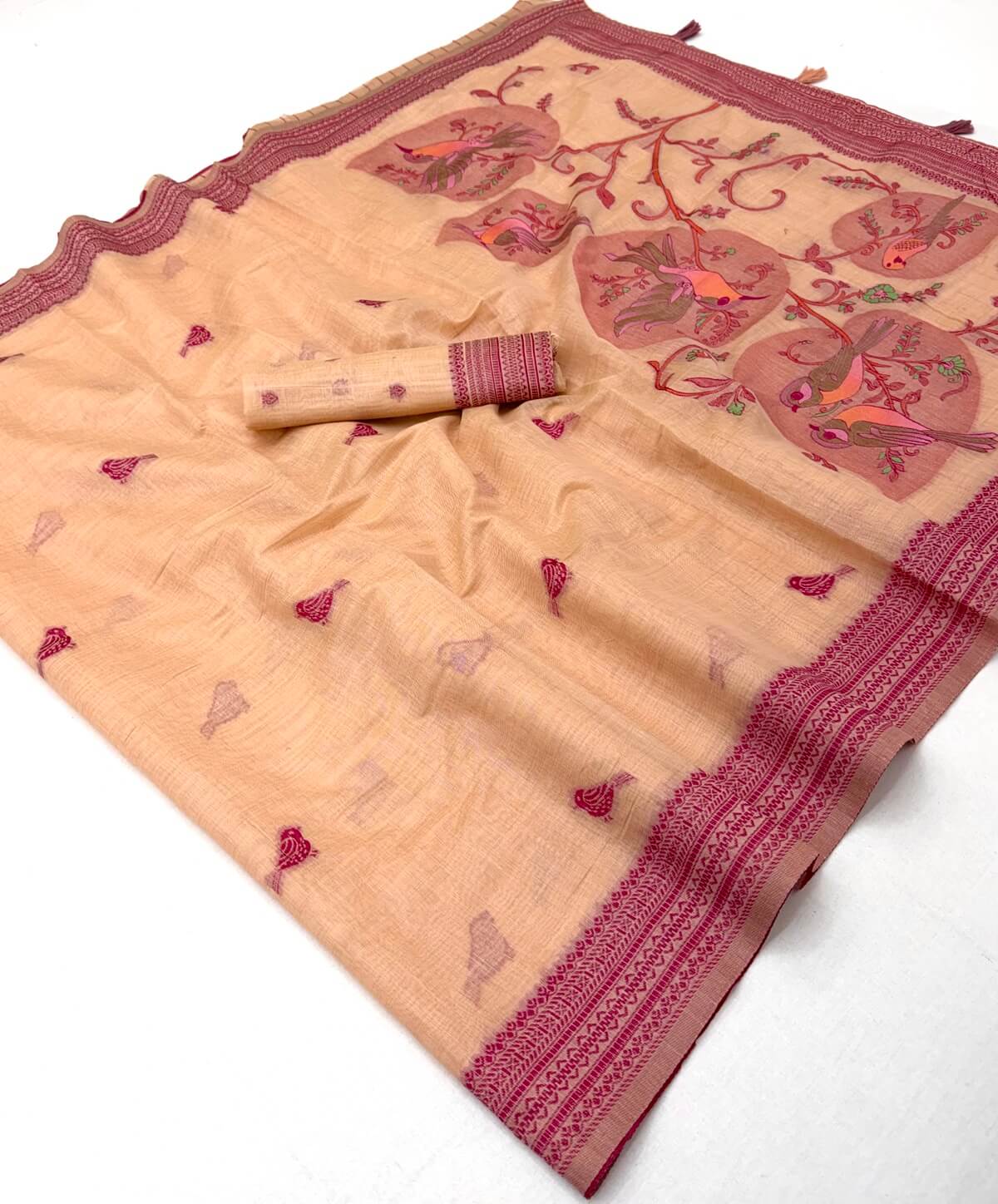 Palimpsest Peach Pure Munga Cotton Silk Saree With Dazzling Blouse Piece