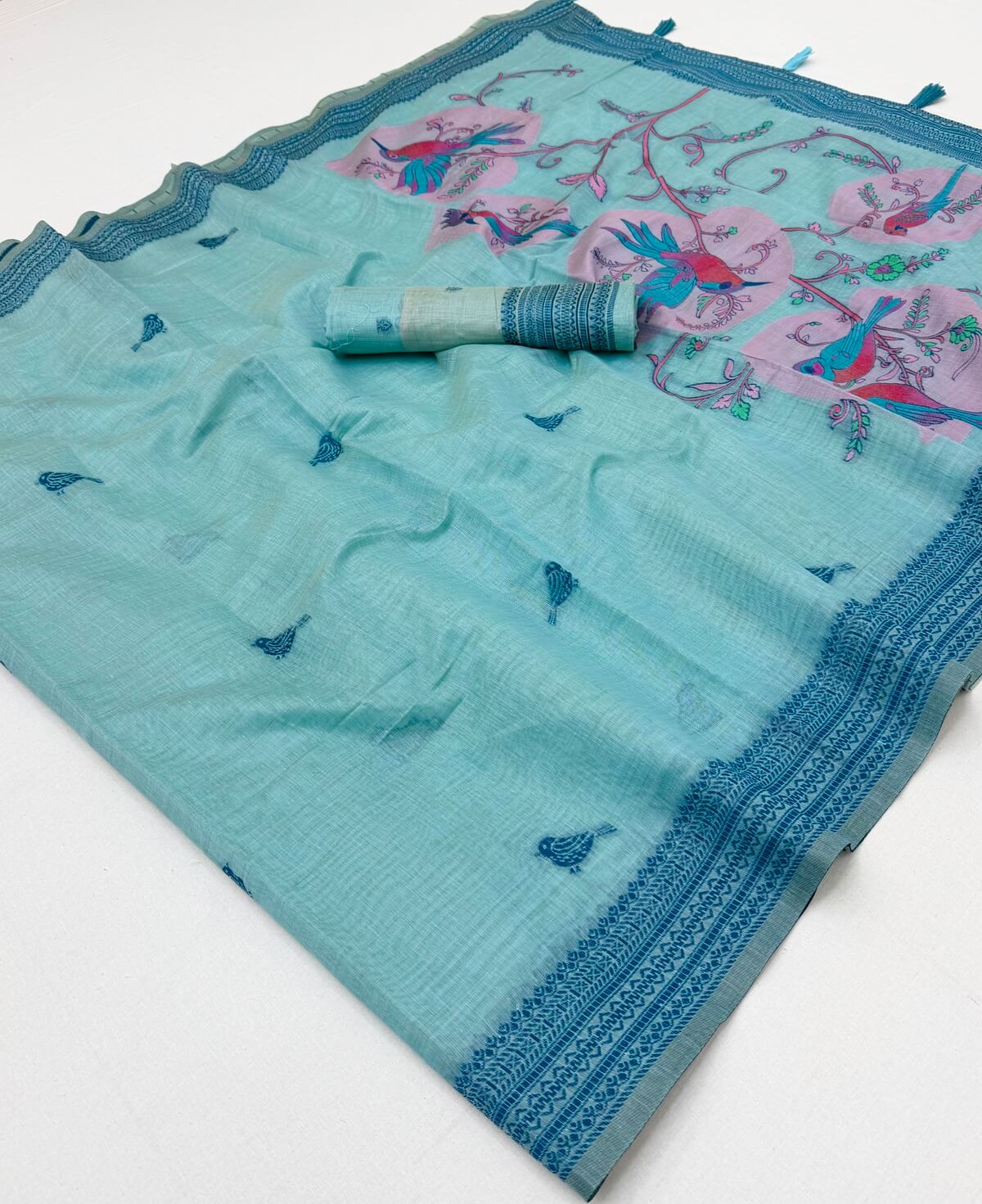 Luminous Sky Pure Munga Cotton Silk Saree With Skinny Blouse Piece