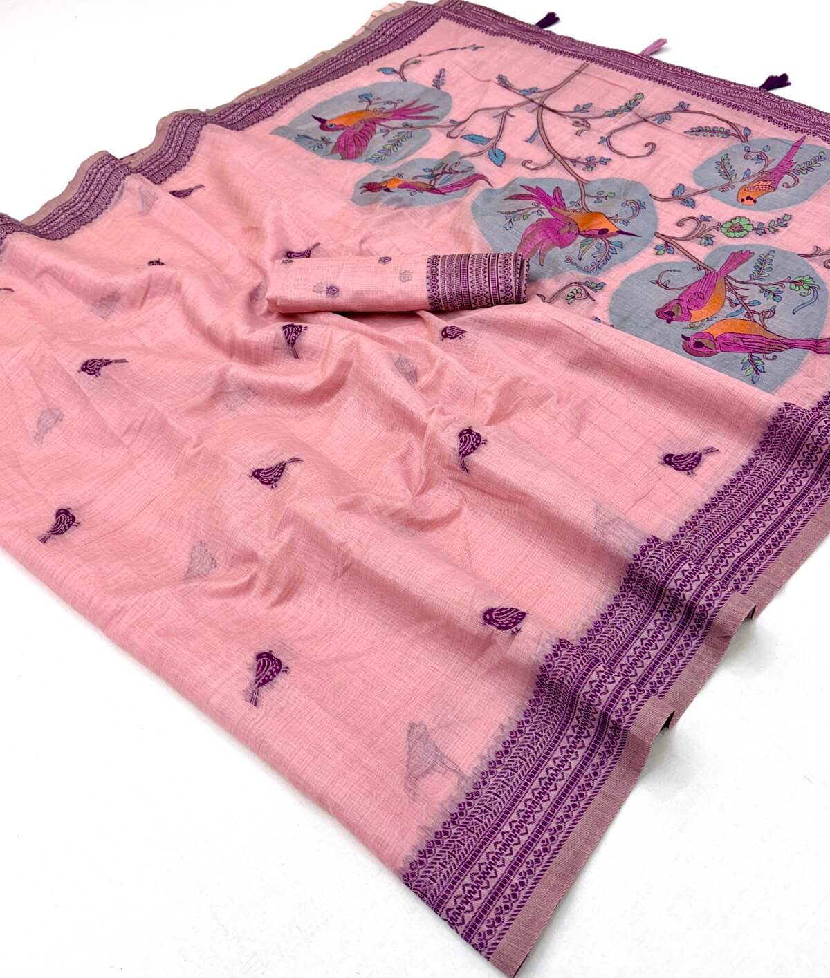 Angelic Pink Pure Munga Cotton Silk Saree With Artistic Blouse Piece