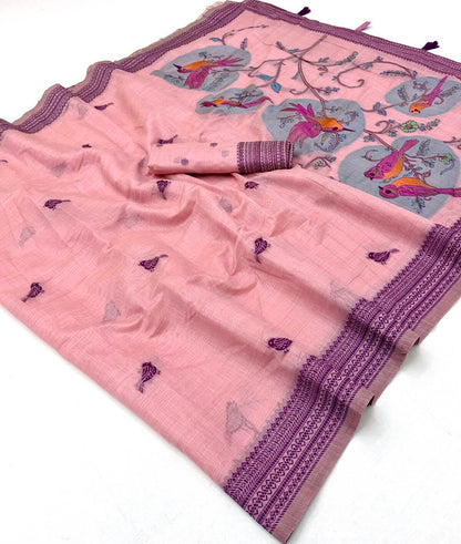 Angelic Pink Pure Munga Cotton Silk Saree With Artistic Blouse Piece