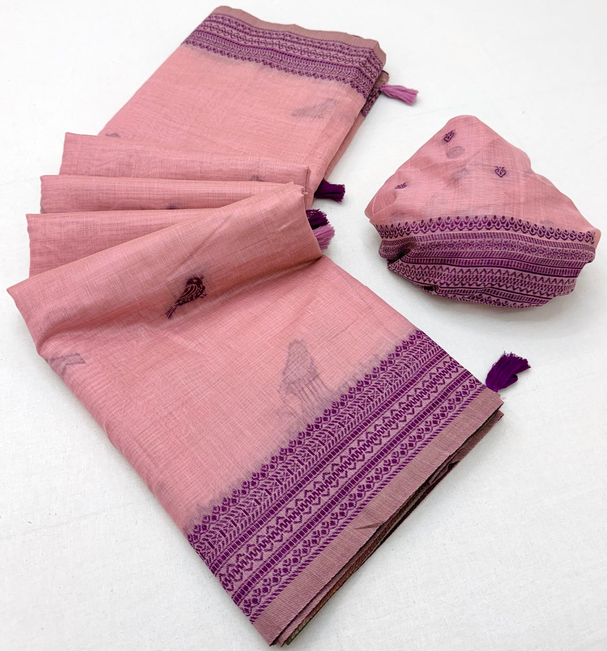 Angelic Pink Pure Munga Cotton Silk Saree With Artistic Blouse Piece