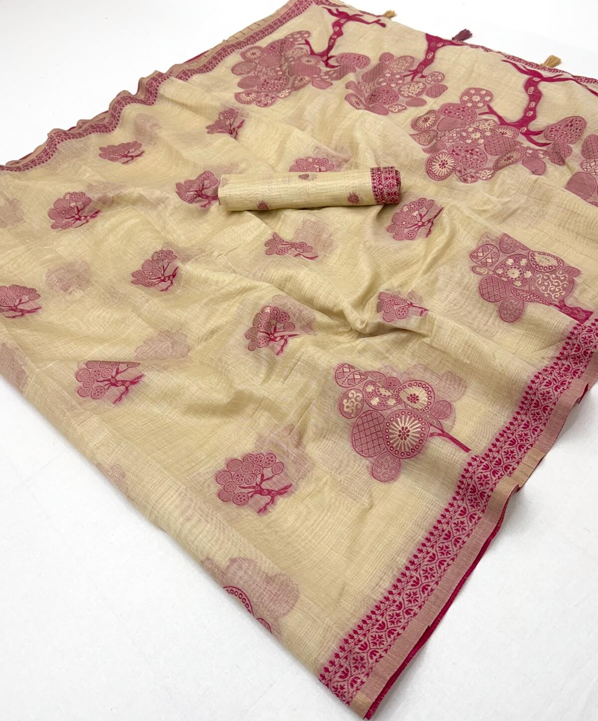 Amazing Beige Pure Munga Cotton Silk Saree With Flamboyant Blouse Piece