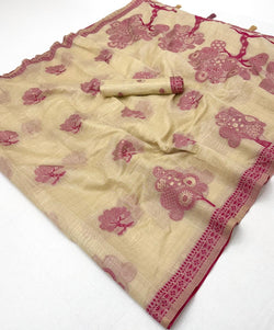 Amazing Beige Pure Munga Cotton Silk Saree With Flamboyant Blouse Piece