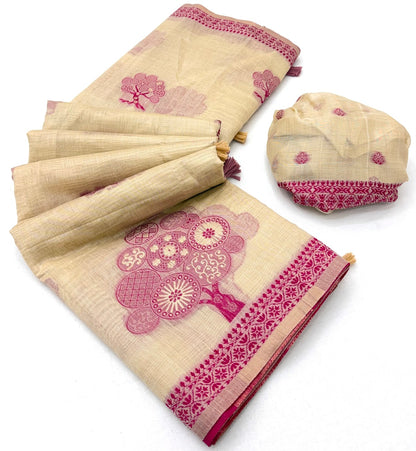 Amazing Beige Pure Munga Cotton Silk Saree With Flamboyant Blouse Piece