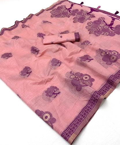 Pleasurable Pink Pure Munga Cotton Silk Saree With Beleaguer Blouse Piece