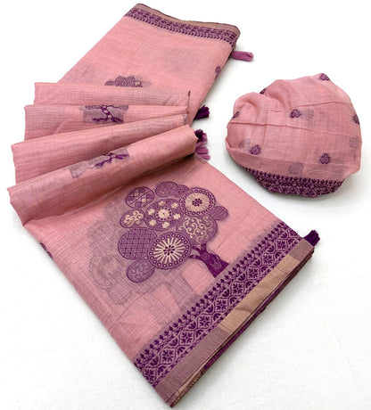 Pleasurable Pink Pure Munga Cotton Silk Saree With Beleaguer Blouse Piece