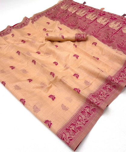 Ornate Peach Pure Munga Cotton Silk Saree With Tremendous Blouse Piece