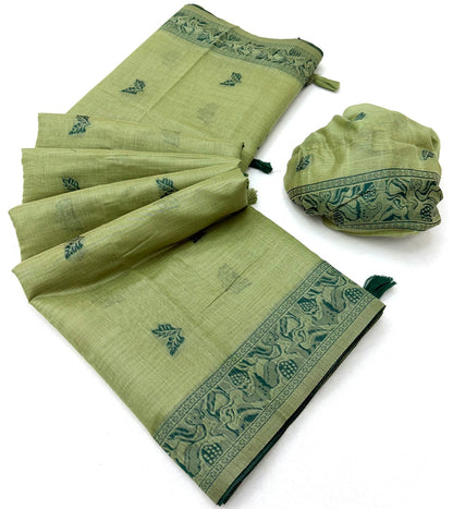 Captivating Green Pure Munga Cotton Silk Saree With Ebullience Blouse Piece