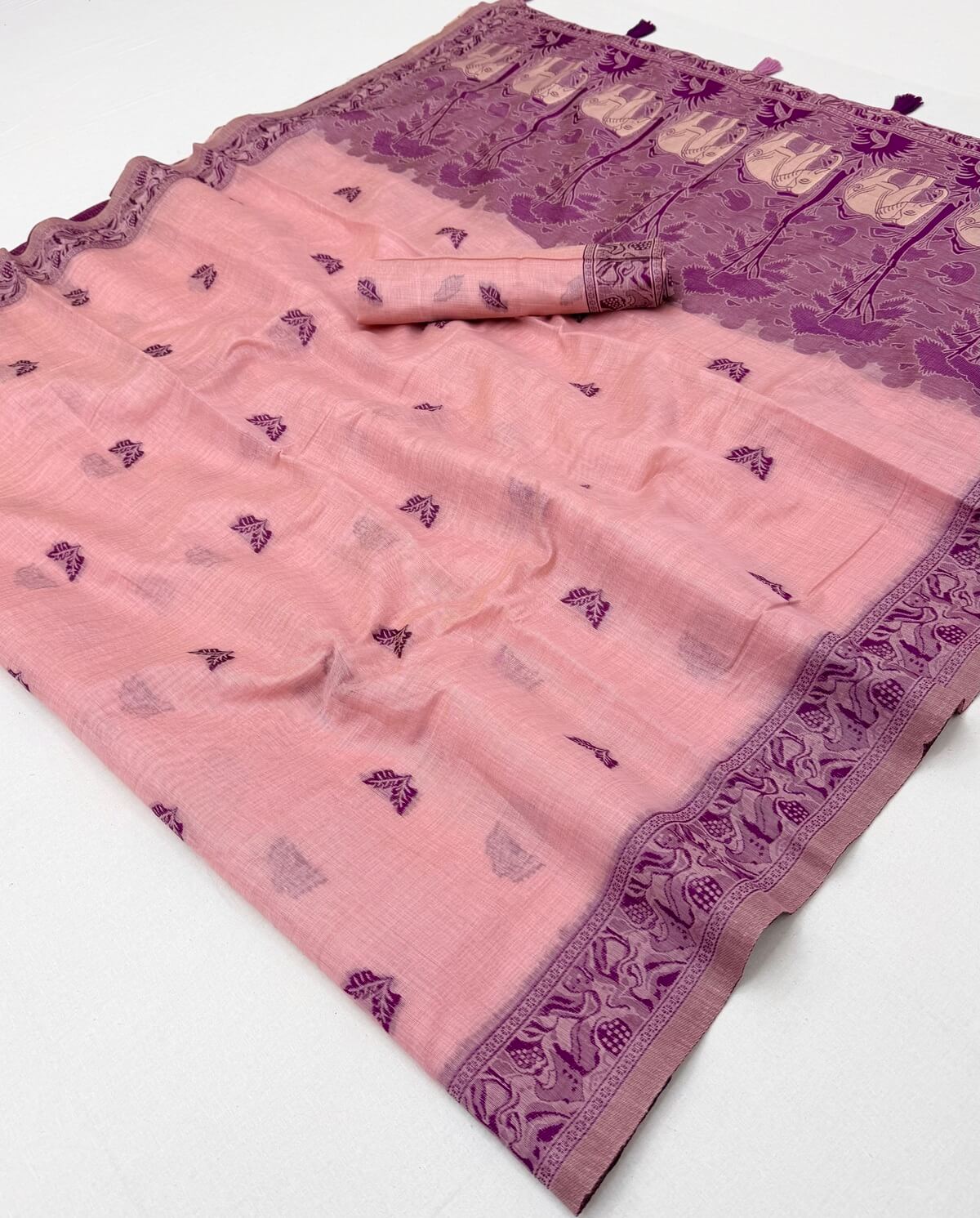 Mellifluous Pink Pure Munga Cotton Silk Saree With Engrossing Blouse Piece