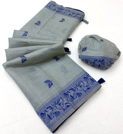 Classy Grey Pure Munga Cotton Silk Saree With Mesmerising Blouse Piece