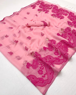 Beauteous Pink Jamdani Cotton Silk Saree With Ratatouille Blouse Piece