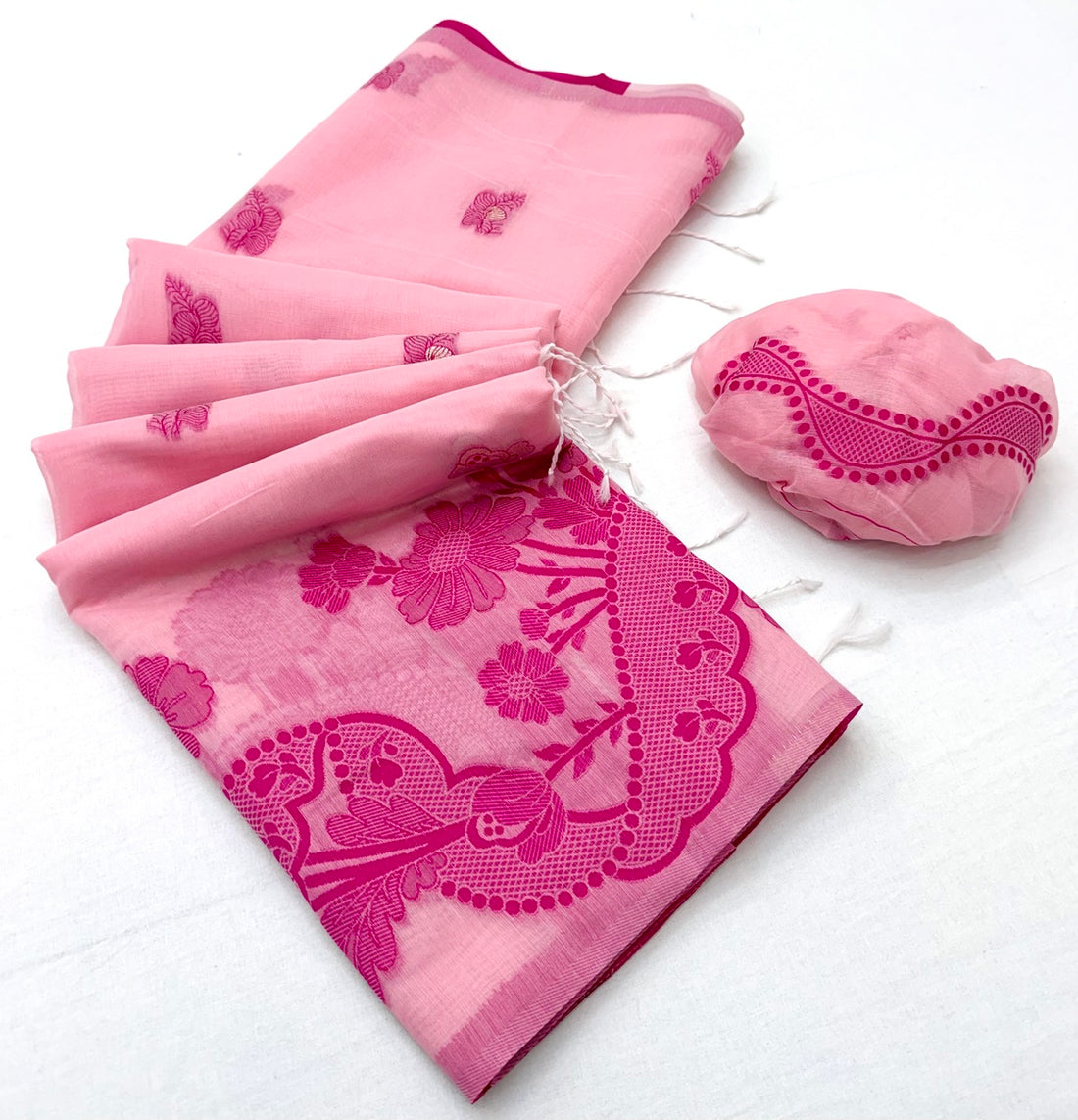 Beauteous Pink Jamdani Cotton Silk Saree With Ratatouille Blouse Piece