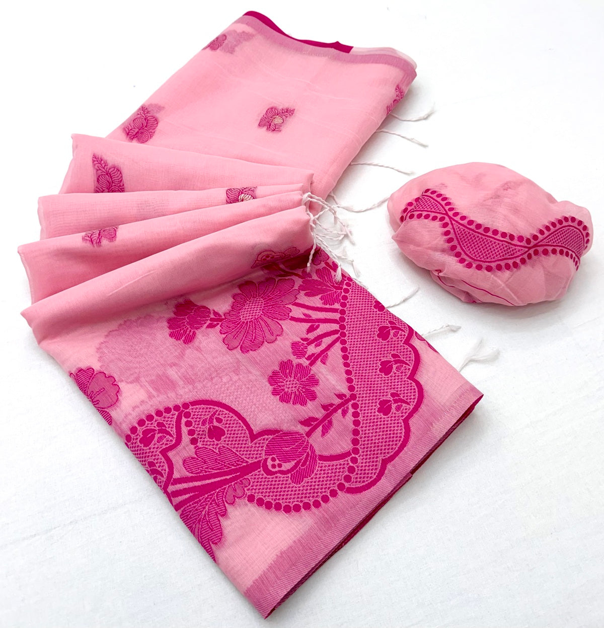 Beauteous Pink Jamdani Cotton Silk Saree With Ratatouille Blouse Piece